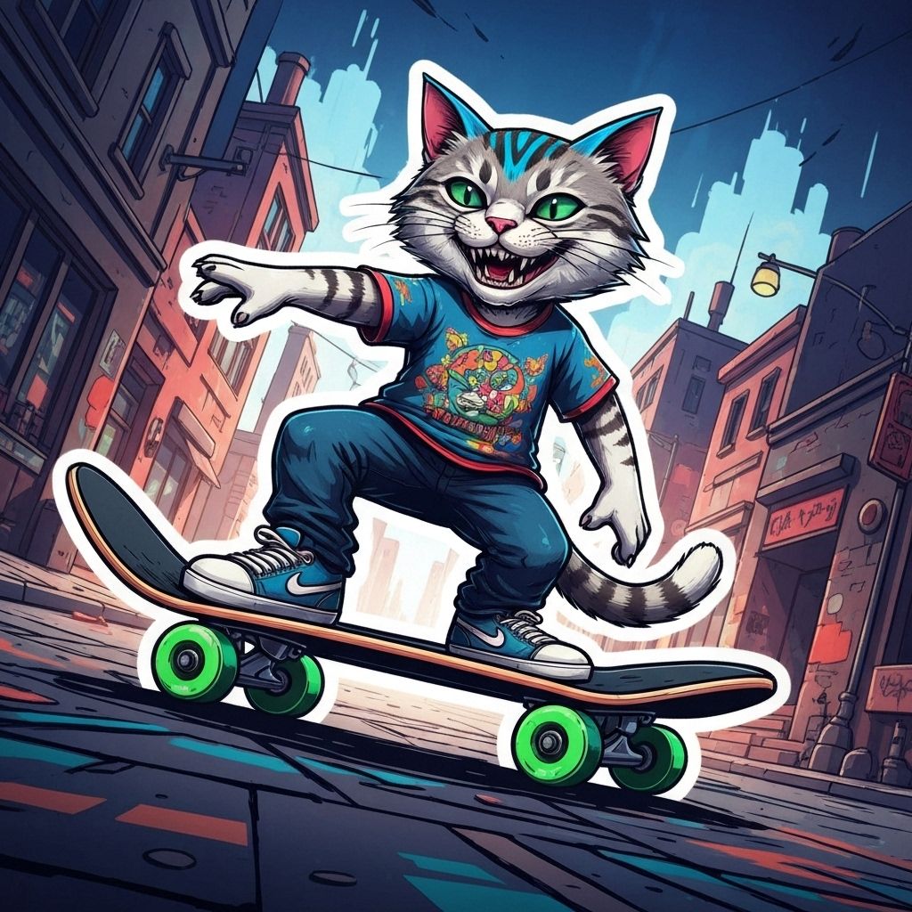 AI sticker: Cool skateboarding cat
