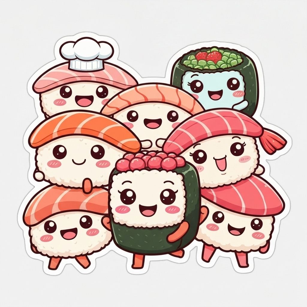 AI sticker: Happy sushi characters